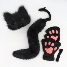 (Black Three-Piece Set) Simulation Fox Mask, Fingerless Gloves, Beast Claw & Tail Set, Cosplay Plush Mask, Party Costume Props