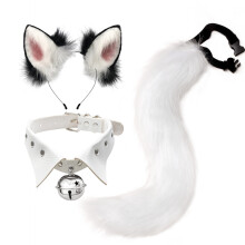 (White) Cosplay Fox Ear & Tail Set Punk Collar Style Handmade Realistic Headband