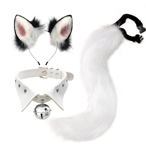 (White) Cosplay Fox Ear & Tail Set Punk Collar Style Handmade Realistic Headband
