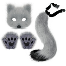 (Gray three-piece suit) Realistic Fox Mask Halloween Costume Handmade Animal Tail Plush Fox Tail Cosplay Props Accessories Gloves