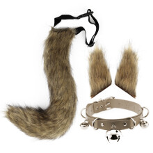 (Grass Yellow, Tail 65cm) Halloween Handmade Wolf Ear Hair Clip & Fox Tail Cosplay Set – Personalized Bell Neck Collar Accessories