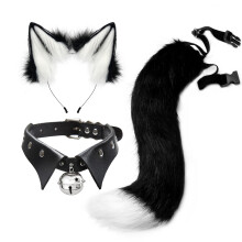 (White and Black) Cosplay Fox Ear & Tail Set Punk Collar Style Handmade Realistic Headband