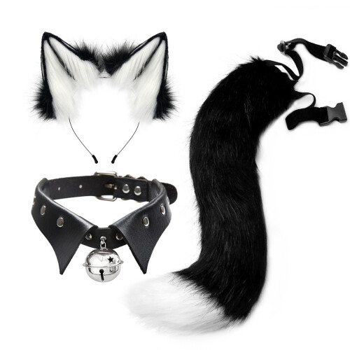 (White) Cosplay Fox Ear & Tail Set Punk Collar Style Handmade Realistic Headband 1