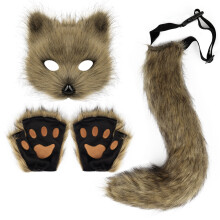 (Grass yellow three-piece suit) Realistic Fox Mask Halloween Costume Handmade Animal Tail Plush Fox Tail Cosplay Props Accessories Gloves