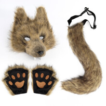 (Grass Yellow) Simulation Wolf Mask Set Wolf Tooth 3D Cos Animal Tail Plush Drooping Tail Halloween Ball Party Prop