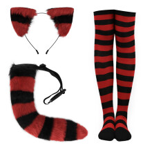 (Red and Black) Realistic Plush Cat Ears & Tail Set Cosplay Beast Ear Headband Halloween Striped Long Socks Accessories Props