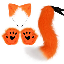(Orange) Halloween Handmade Cat Set: Animal Ear Headband & Fingerless Claw Gloves Cosplay Accessories
