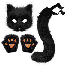 (Black Three-Piece Set) Realistic Fox Mask Halloween Costume Handmade Animal Tail Plush Fox Tail Cosplay Props Accessories Gloves