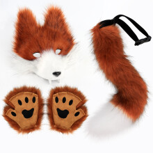(Red Brown and White) Simulation Wolf Mask Set Wolf Tooth 3D Cos Animal Tail Plush Drooping Tail Halloween Ball Party Prop