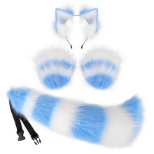 (Blue White) Plush Faux Fox Wolf Ear Headband & Beast Tail Set Cosplay Prop