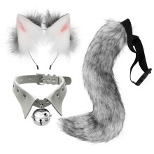(Dark Gray) Cosplay Fox Ear & Tail Set Punk Collar Style Handmade Realistic Headband