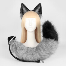 (Gray and Black Set) Handmade Zootopia Nick Wilde Realistic Fox Ears & Tail Set Cosplay Beast Ear Headband Accessory