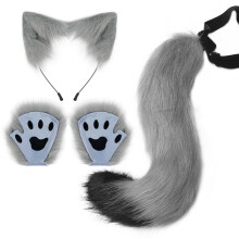 (Gray) Halloween Handmade Cat Set: Animal Ear Headband & Fingerless Claw Gloves Cosplay Accessories
