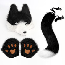 (Black White) Simulation Wolf Mask Set Wolf Tooth 3D Cos Animal Tail Plush Drooping Tail Halloween Ball Party Prop