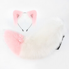 (Pink and White) Beast Ear Tail Set, Fluffy Plush Cosplay Accessories, Handmade Cute Ear & Tail Kit