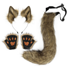 (Grass Yellow) Halloween Fox Beast Ear & Tail Set with Gloves, Handmade Plush Cosplay Claw Props