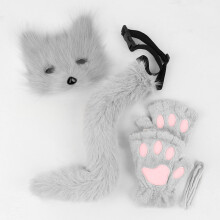 (Gray three-piece suit) Simulation Fox Mask, Fingerless Gloves, Beast Claw & Tail Set, Cosplay Plush Mask, Party Costume Props