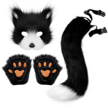 (Black and white three-piece suit) Realistic Fox Mask Halloween Costume Handmade Animal Tail Plush Fox Tail Cosplay Props Accessories Gloves