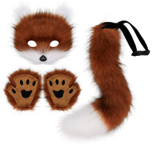 (Red-brown and white three-piece suit) Realistic Fox Mask Halloween Costume Handmade Animal Tail Plush Fox Tail Cosplay Props Accessories Gloves