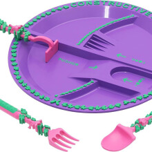 (Purple) Toddler Bulldozer 3-Piece Divided Plate & Cutlery Set – Kids Tableware