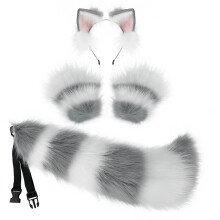 (Gray and White) Plush Faux Fox Wolf Ear Headband & Beast Tail Set Cosplay Prop