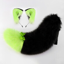 (Black and Green) Beast Ear Tail Set, Fluffy Plush Cosplay Accessories, Handmade Cute Ear & Tail Kit