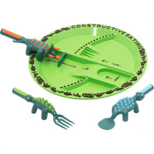 (Green) Toddler Bulldozer 3-Piece Divided Plate & Cutlery Set – Kids Tableware