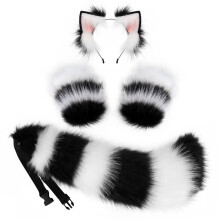 (Black White) Plush Faux Fox Wolf Ear Headband & Beast Tail Set Cosplay Prop