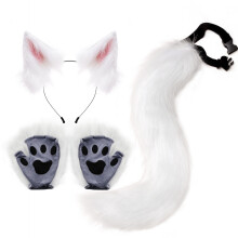 (White and Pink) Halloween Fox Beast Ear & Tail Set with Gloves, Handmade Plush Cosplay Claw Props