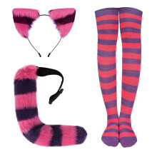 (Purple Red) Realistic Plush Cat Ears & Tail Set Cosplay Beast Ear Headband Halloween Striped Long Socks Accessories Props