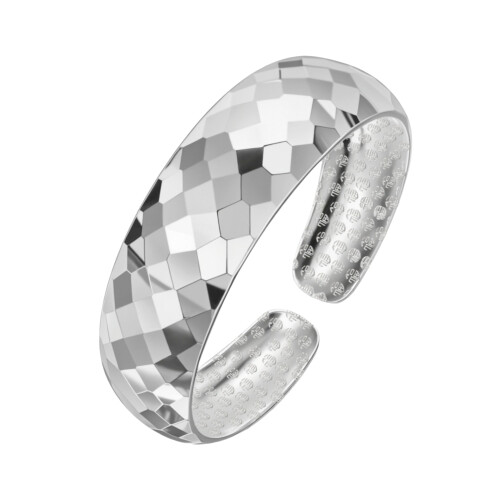 (Silver Color, B) Elegant Silver Diamond Wide Bracelet, Open Cuff Water Cube Ring Set 1