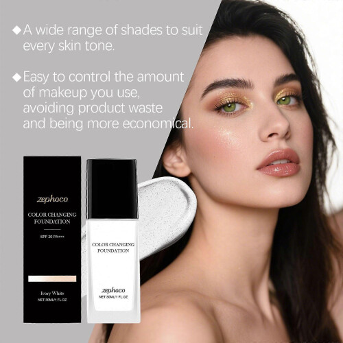 Zephoco Ivory Color-Changing Foundation, hydrating, lightweight, long-lasting, natural, and sheer. 2