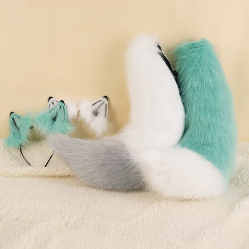 (White Gray) Halloween Wolf Tail Set with Ears, Plush Beast Tail & Fox Tail Cosplay Props for Comic Con 1