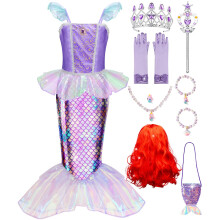 MELAND Mermaid Costume Kids, Princess Costumes with Wig for Girls Gift Aged 3-10, Little Mermaid Dress Up for Girls World Book Day (M)