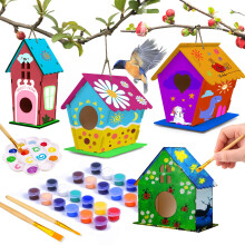 hapray 4 Pack DIY Bird House Kit, Crafts for Children to Build and Paint Birdhouse (Includes Paints & Brushes) Wooden Arts for Kids Girls Boys Toddle