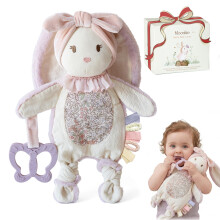Moonkie Baby Comforter, Bunny Security Blanket with Silicone Teether, Newborn Girl Gifts for Baby Shower & Birthday, Cuddly Toy with Textured Ribbons