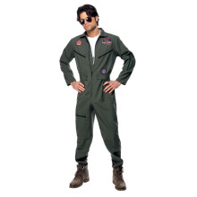 Smiffys Top Gun Costume, Adult Green Jumpsuit, Name Tags & Glasses, Official Top Gun License Outfit with Aviation Badges, Pocket Zip Details & Waist