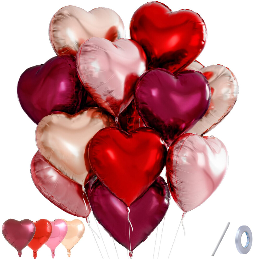 Qifu Red Pink Heart Balloons 12Pcs, Dark Red Gold Pink Love Heart Balloons Valentines Balloon, Helium Foil Hearts Balloon For Romantic Valentines Dec