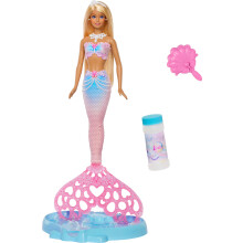 Barbie Bubble Sparkle Mermaid Doll with Bubble-Making Feature & Solution, Tray & Hairbrush, Plus Long, Color-Streaked Blonde Hair, JLW56