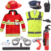 Kids Police and Fireman Costume, Dress Up Set with Fire Fighter and Police Costume with Squirting Water Fire Extinguisher & Siren Sound Walkie Talkie
