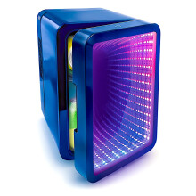 So Chill Mini Fridge Infinity, Gamers, Students, Home/Car Trips/Hangouts + More, Chills 6 Regular Cans, Mirror Infinity LED Effect Door, Dark Blue