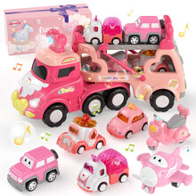 Toddler Girl Truck Car Toys for 1 2 3 Year Old Girl Birthday Gifts, 7-in-1 Pink Princess Transport Carrier Trucks for Toddlers 1-3, Friction Power To