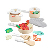 Fisher-Price Wood Kitchen Pretend Play Toy Pots & Pans Set, 19-Piece Playset Wooden, Metal & Fabric for Preschool Kids Ages 3+ Years, HXT83