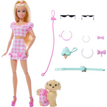 Barbie Twinning Looks Doll with Pet Dog in Matching Pink Gingham Clothes and Accessories for Both like Sunglasses, Necklaces and Bows, Blonde, JFP36