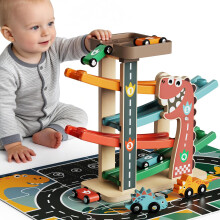Montessori Car Ramp Toy for Toddlers 1 2 3 Year Old Wooden Dinosaur Race Track with 6 Cars & Parking Garage Kids Play Cars & Race Cars Birthday for 1