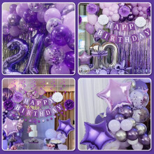 Purple Birthday Decorations for Women Girls,Purple Banner Balloons Pompom,Happy Birthday Decorarions with Garland,Balloon Kit for Birthday
