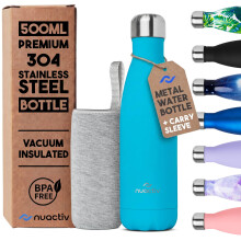 Nuactiv Stainless Steel Water Bottle 500ml, Vacuum Insulated Metal Flask, Leakproof, BPA Free, Reusable Sports Flask, Keeps Drinks Cold 24h & Hot 12h