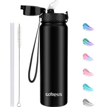 GOPPUS 1L/32oz Stainless Water Bottle with Straw Double Wall Insulated Bottles with Strap Reusable Vacuum Thermal Flask Leakproof Keep Cold Drinks Bo
