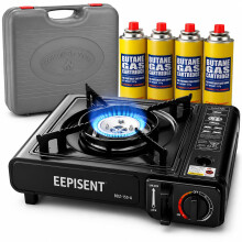 EPISENT Portable Camping Gas Stove with Carry Case and 4 Butane Gas Cans, Single Burner 2600W, Automatic Ignition, Adjustable Flame, for Camping Cara