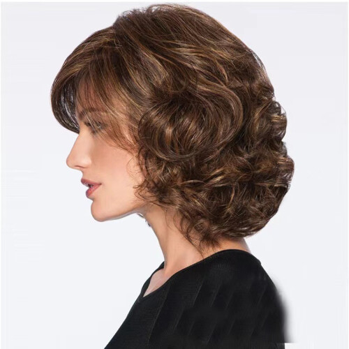 (Light Brown) Brown Medium-Length Curly Wig Side Bangs Women's Natural Look Kit 2